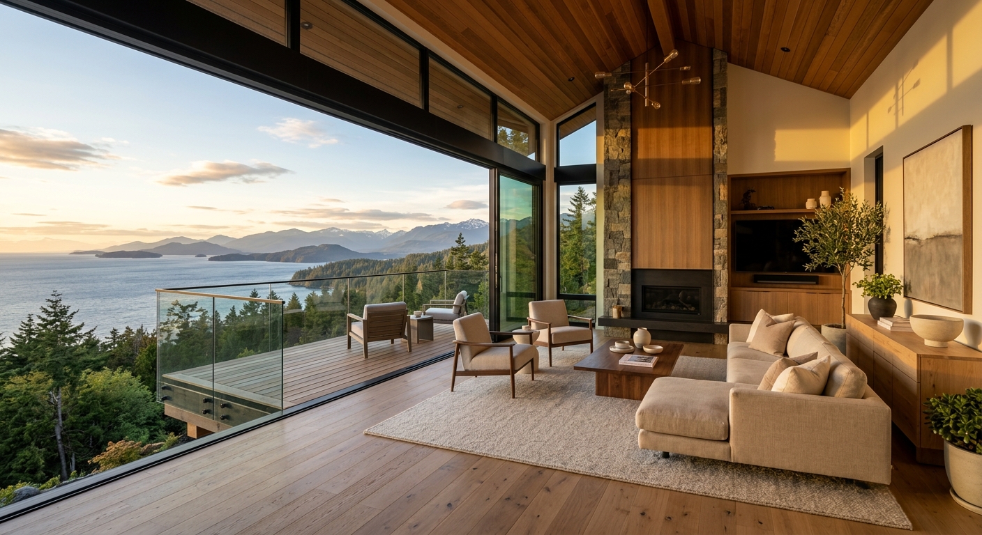 Modern luxury living room with floor-to-ceiling windows overlooking the Pacific Ocean and Vancouver Island coastline